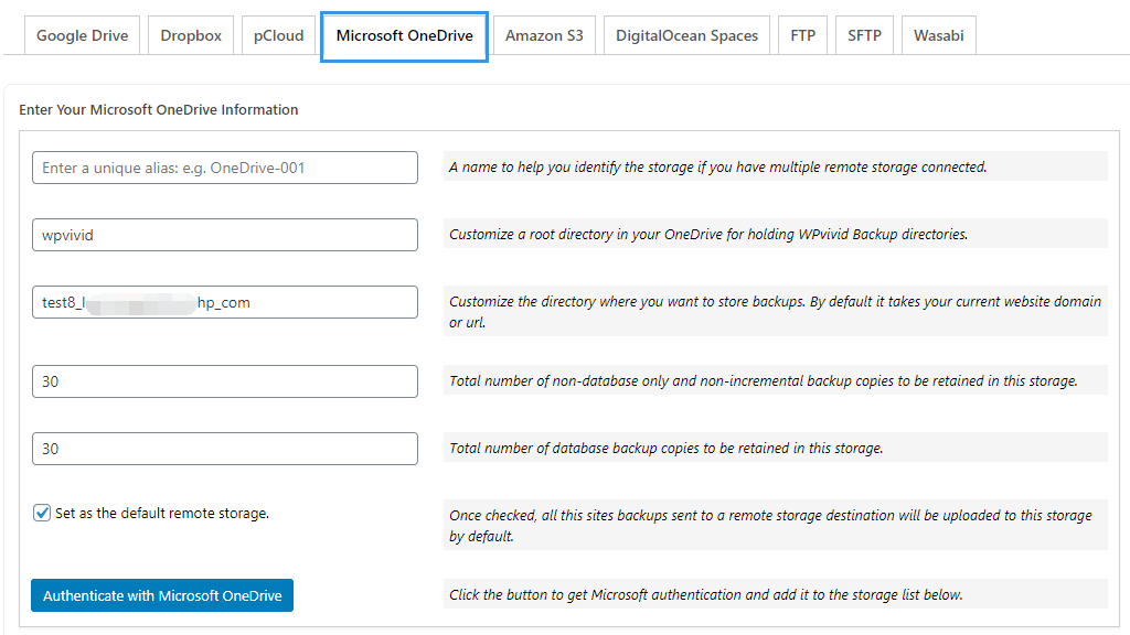 WPvivid Backup Pro OneDrive Custom Folder