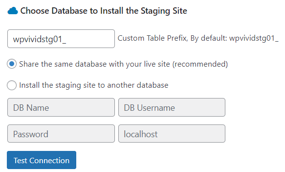 Staging Pro choose database staging site