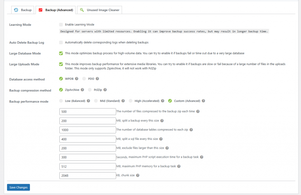 WPvivid advanced settings