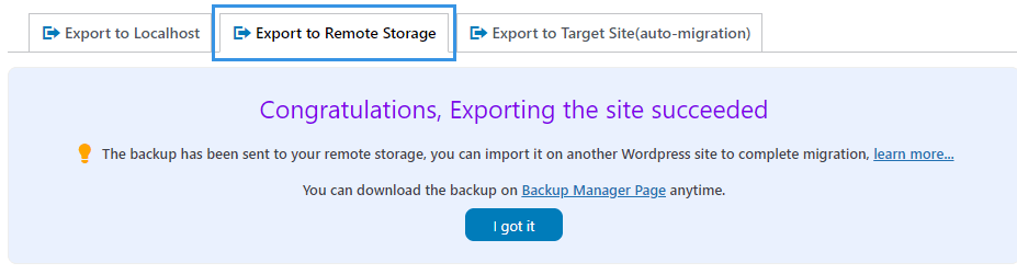 Exporting to Remote Storage Succeeded
