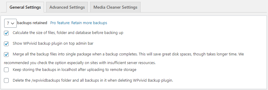 WPvivid Backup free backup retention