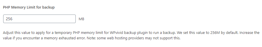 WPvivid php memory for backup