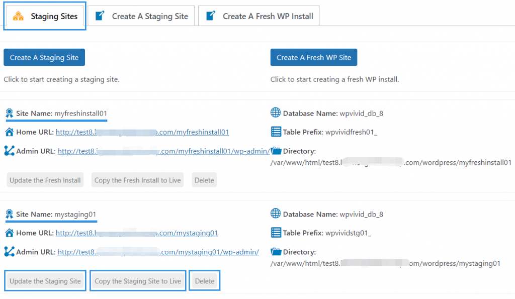 Staging Pro manage staging site