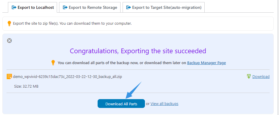 Export Source Site to Localhost Succeeded