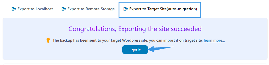 Exporting to Target Site Succeeded
