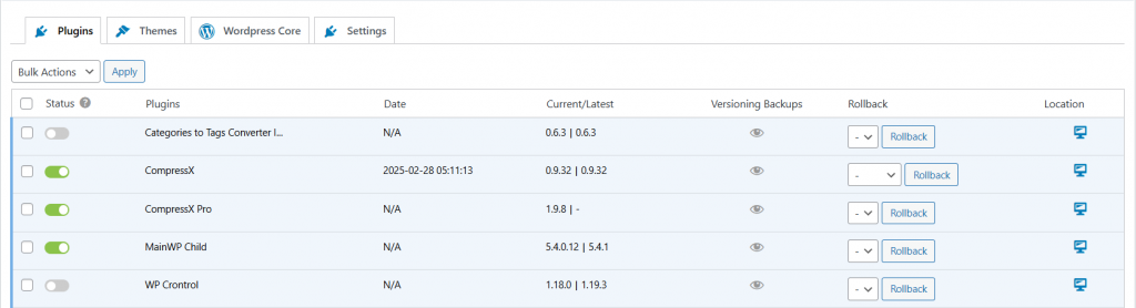 The plugin list of Rollback page