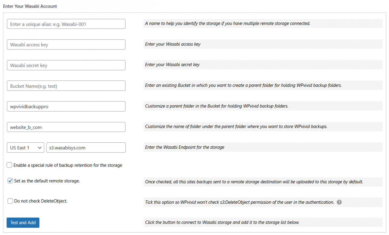 Remote Storage: Wasabi (Pro) | WPvivid Plugins Documentation