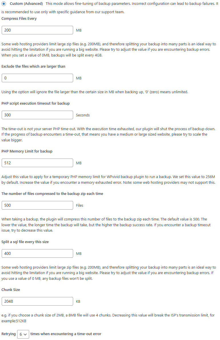 Custom Backup Processing Settings