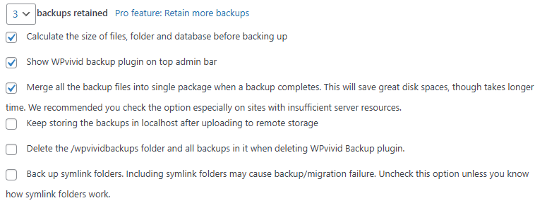 Backup Free Retention Settings