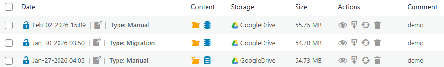 WPvivid Backup Pro Backup Manager Columns