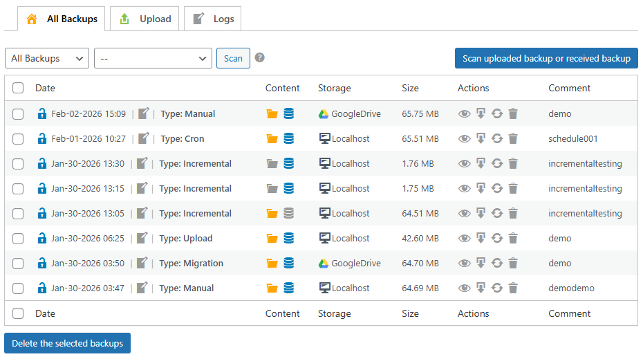WPvivid Backup Pro Backup List
