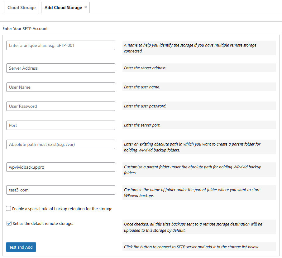 Backup Pro Cloud Storage SFTP