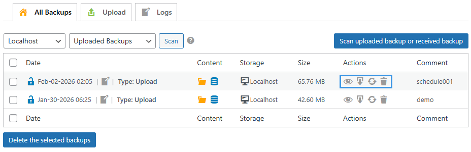 WPvivid Backup Pro Core Backup Actions