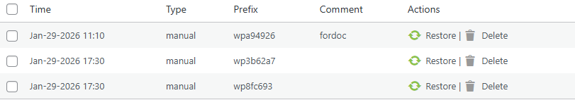 Backup Pro Database Snapshots List