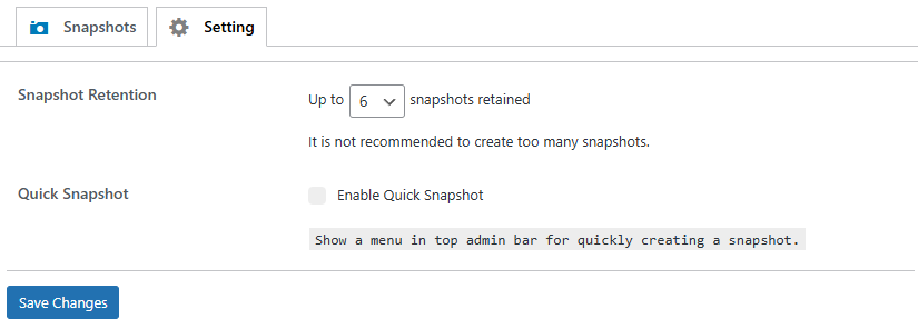 Backup Pro Database Snapshots Settings