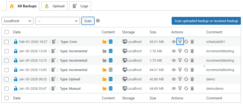 WPvivid Backup Pro Backup Download Action