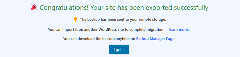 Backup Pro Export to Cloud Storage Completed
