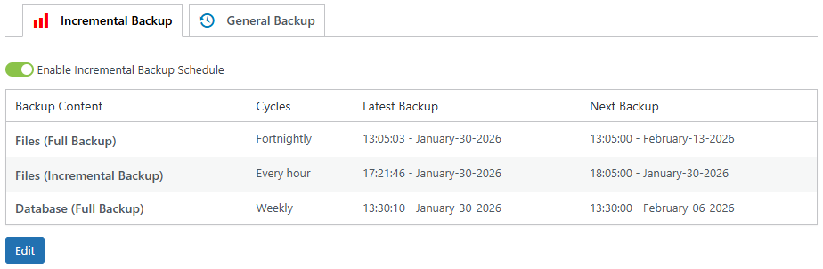 Backup Pro Incremental Backup Schedule Tab