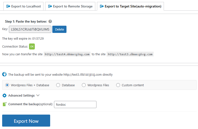 Backup Pro Export to Target Site