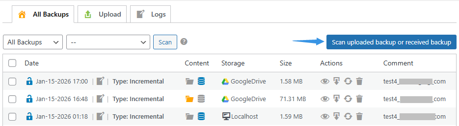 Scan Uploaded Backups in Pro Version