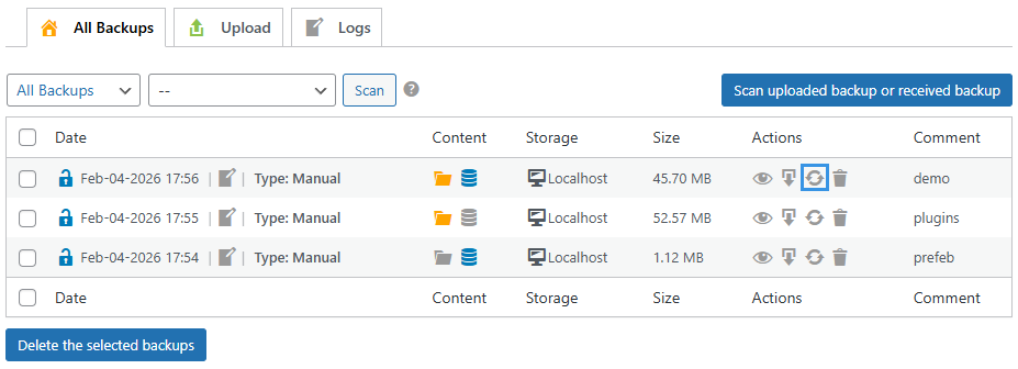 Backup Pro Multisite Restore Action